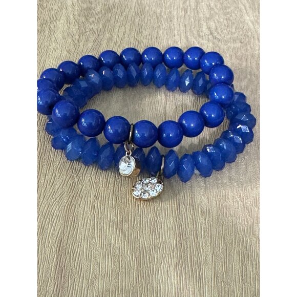 Cobalt Blue Glass Beaded Stretch Bracelets With Rhinestone Charm Accents - Picture 1 of 9